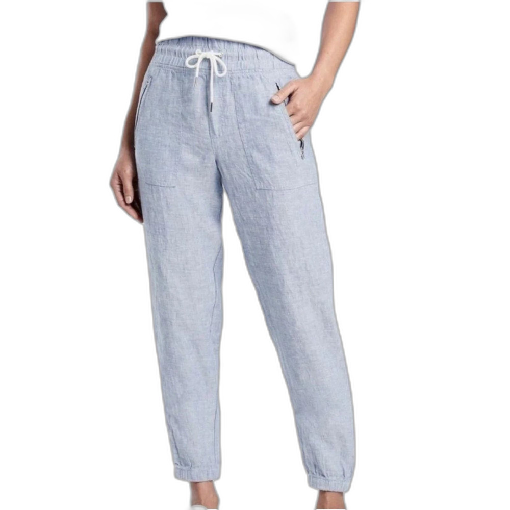 Athleta Women's Size 16 Blue Linen Cabo Jogger Pants Drawstring Zipper Pockets